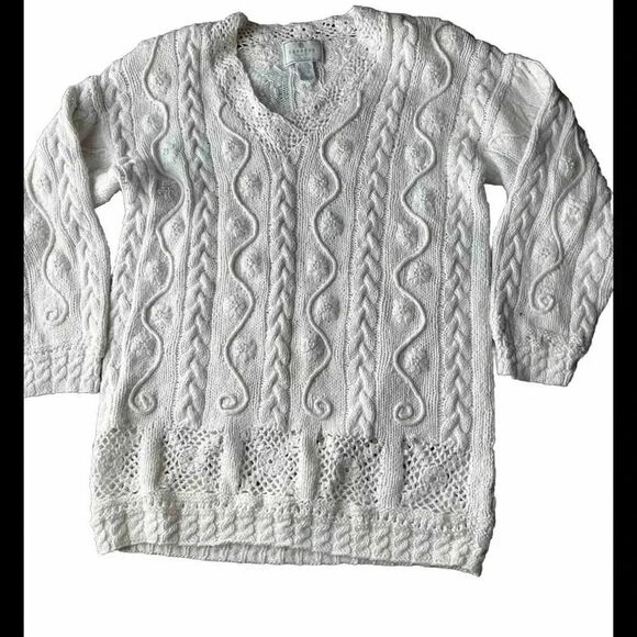 Vintage Express Tricot Hand Knit‎ Beaded Ivory Sweater Size Large - Picture 2 of 6